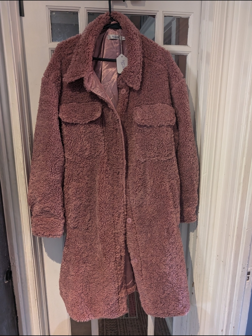 Ricki's Teddy Bear Faux-Shearling Long Coat in Dusty Rose